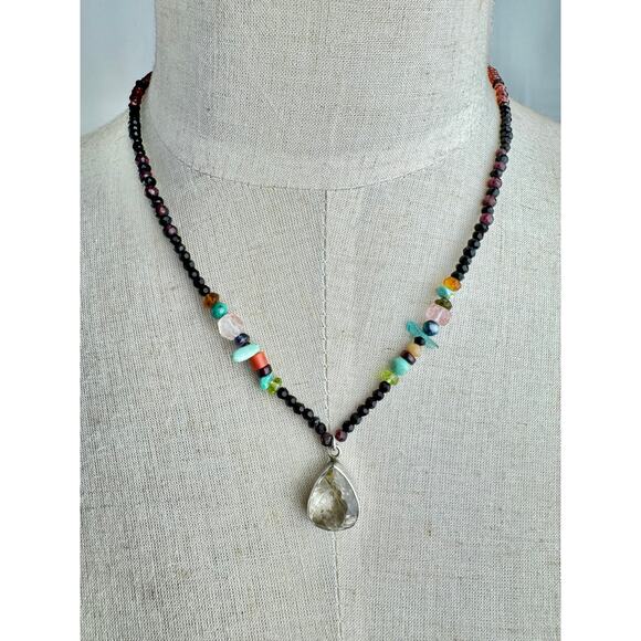 Golden Rutile Quartz Pendant Garnet Turquoise Coral Black Spinel Beaded Neckace - Picture 3 of 8